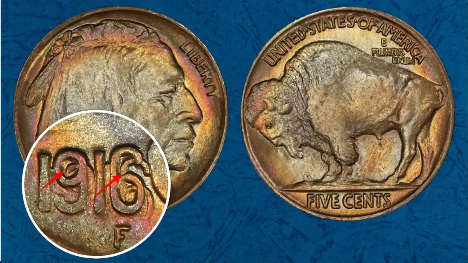 1916 Buffalo Nickel DDO FS-101 close-up showing doubled date and secondary 916 impression