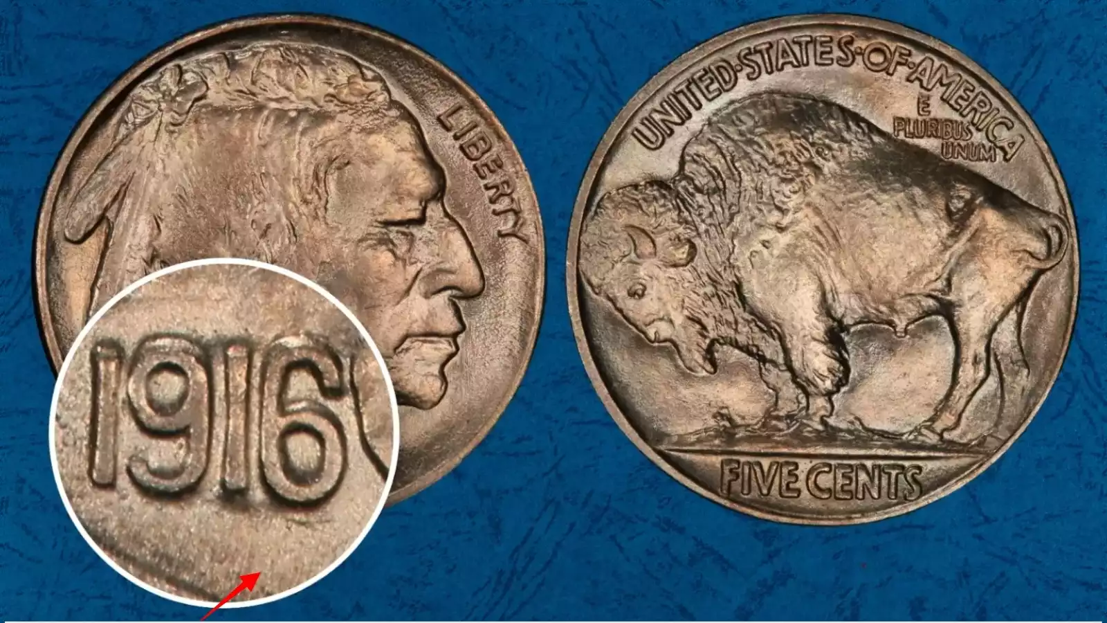 1916 Buffalo Nickel No F variety FS-401 showing missing designer initial below the date