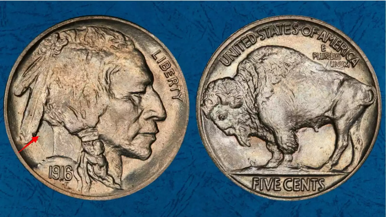 1916 Buffalo Nickel Two Feathers variety FS-402 showing only two feathers in the headdress