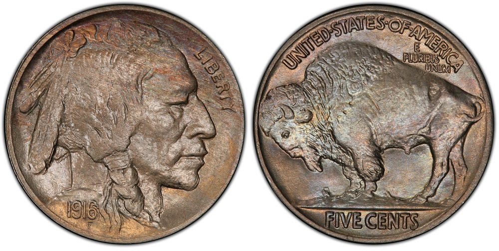 1916 Buffalo Nickel grading strip showing four condition levels from Good worn through Gem Mint State